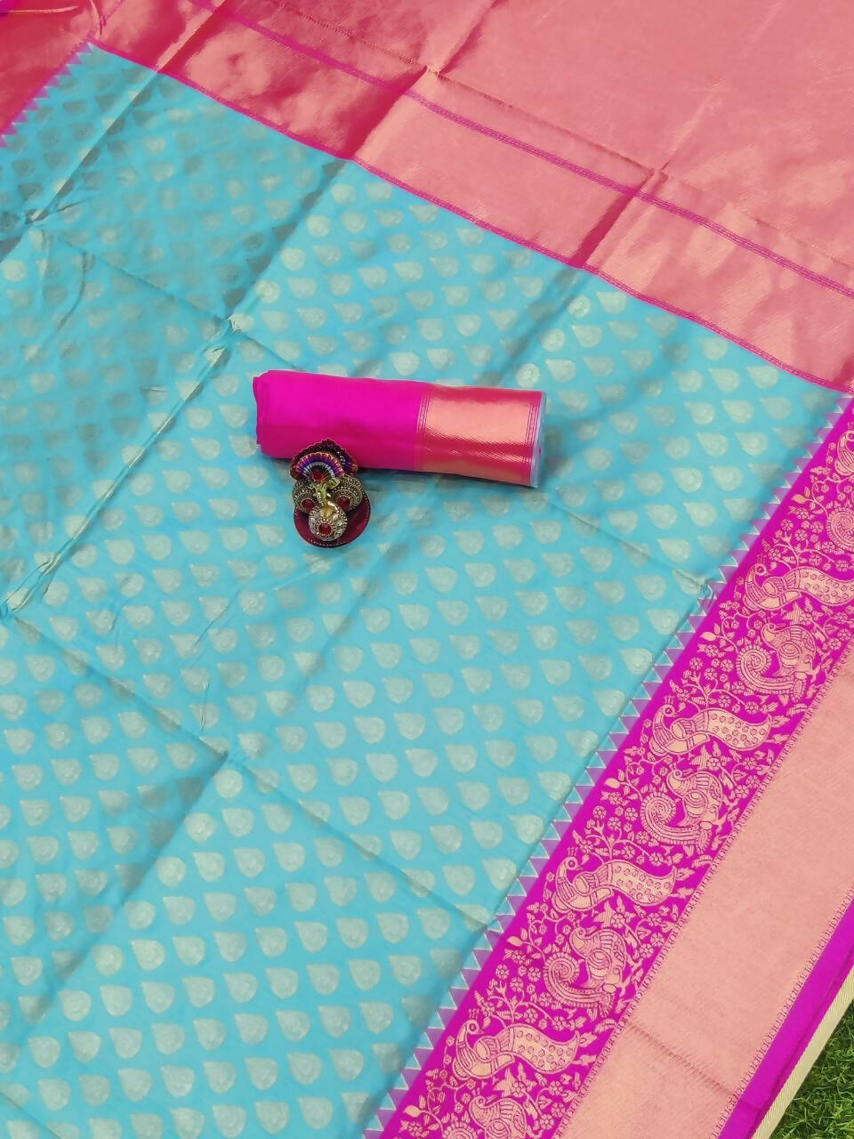 DEIANA'S Beautiful Golden Jari with New Design Soft Lichi Silk Saree - Sky - Distacart