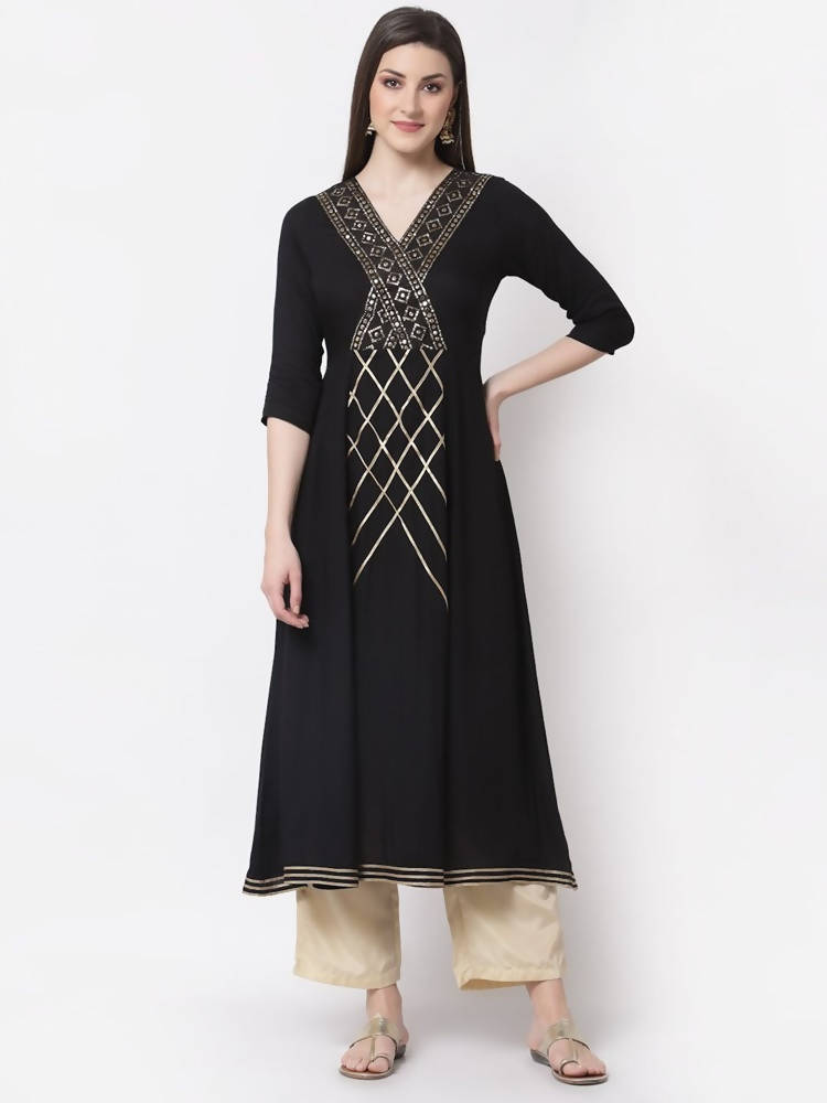Myshka Black Color Rayon Embroidered Kurta With Dupatta Set