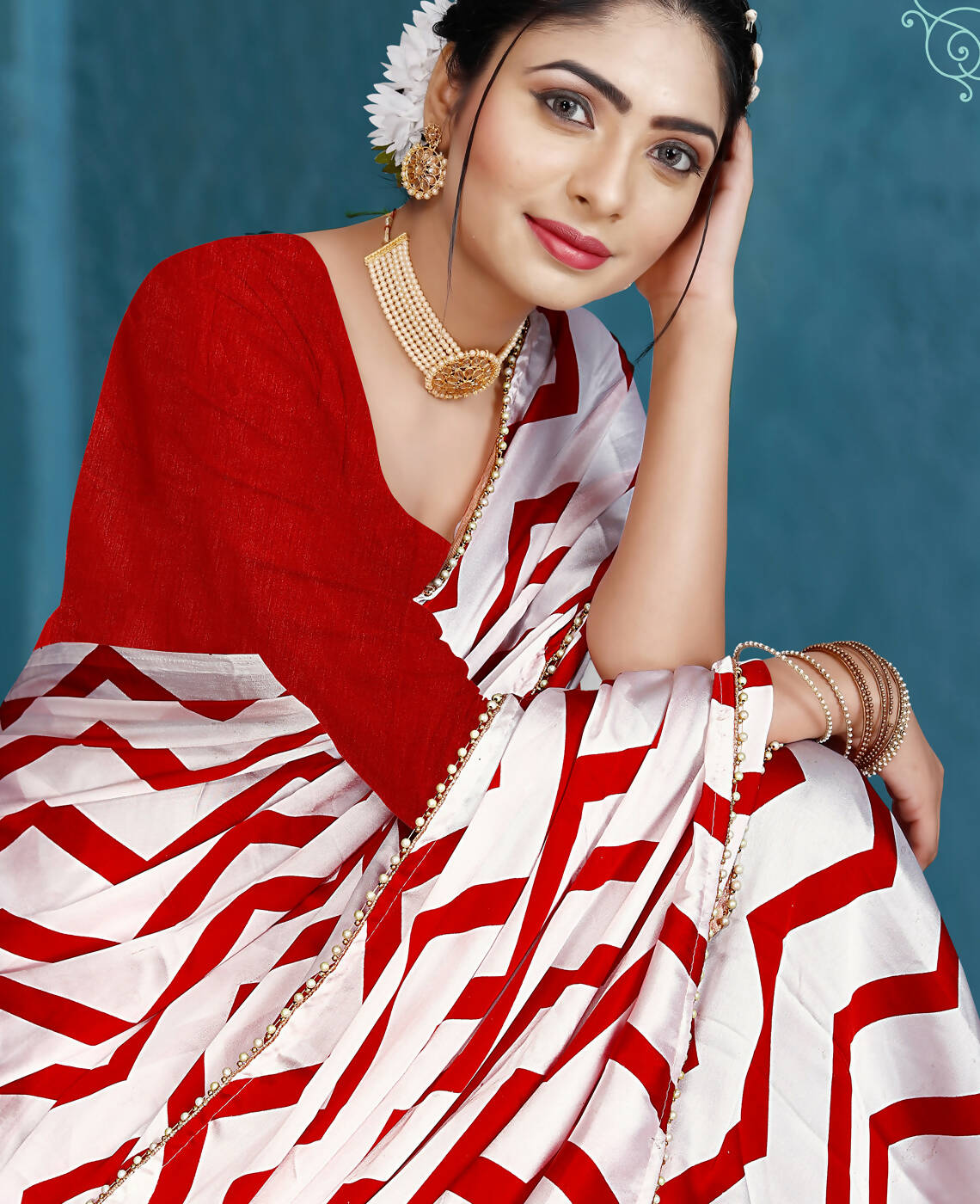 Red Japan Satin Stripe Printed Saree With Unstitched Blouse Piece - Laavanya - Distacart
