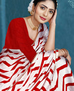 Thumbnail for Red Japan Satin Stripe Printed Saree With Unstitched Blouse Piece - Laavanya - Distacart