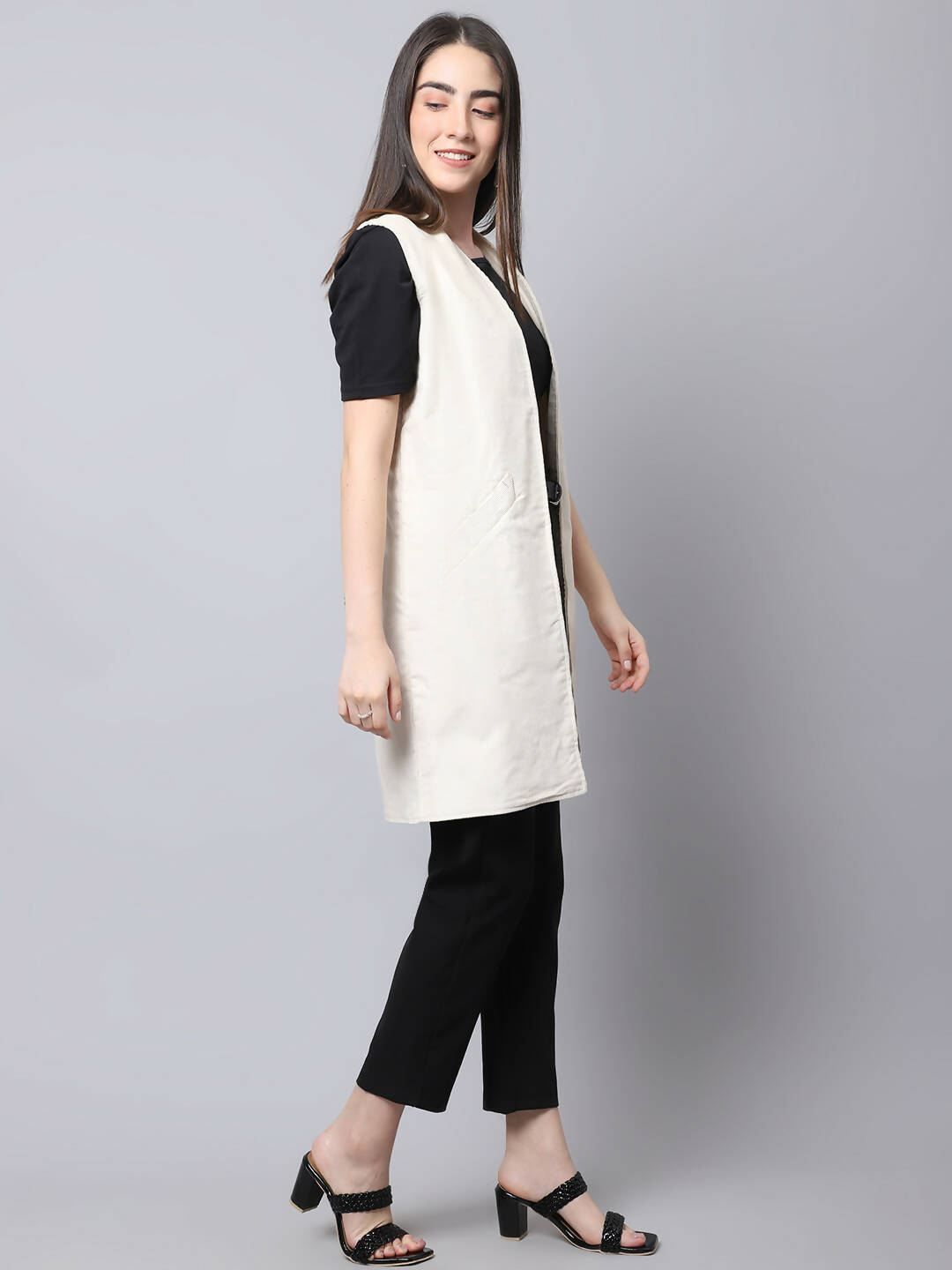 Even Apparels White Polywool Open Front Corduroy Women's Long Coat - Distacart