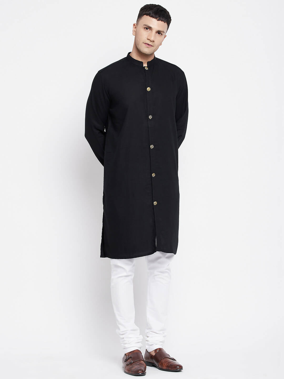 Even Apparels Black Pure Cotton Men's Sherwani Kurta With Open Front - Distacart