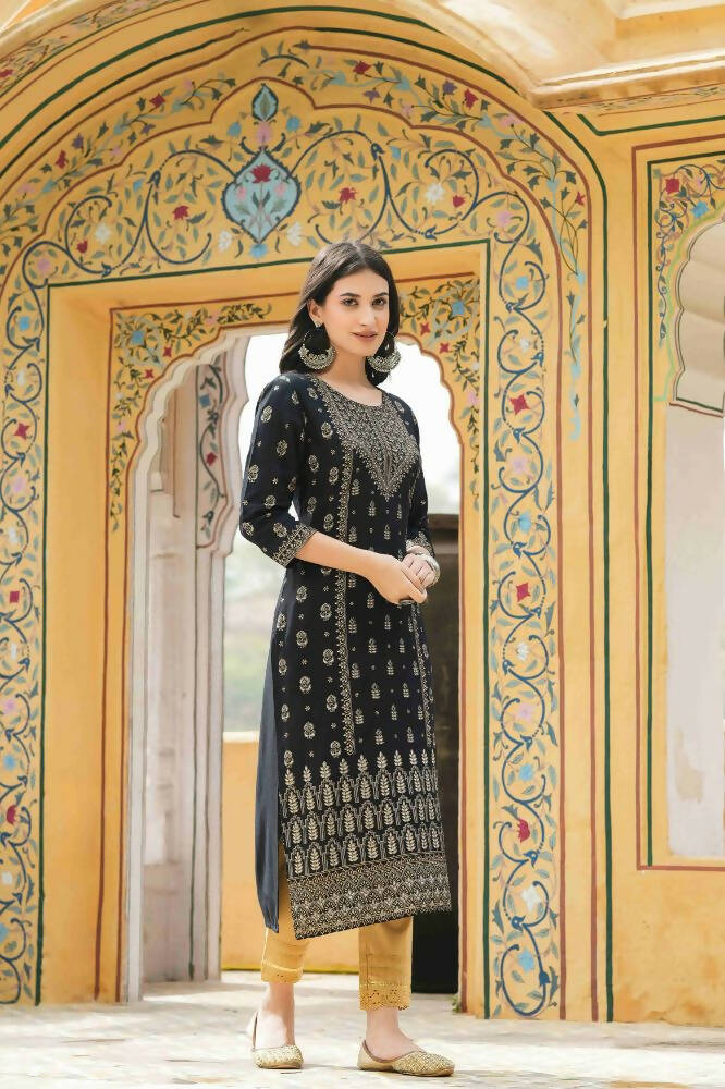 Juniper Black Rayon Festive Printed Straight Kurta For Women - Distacart