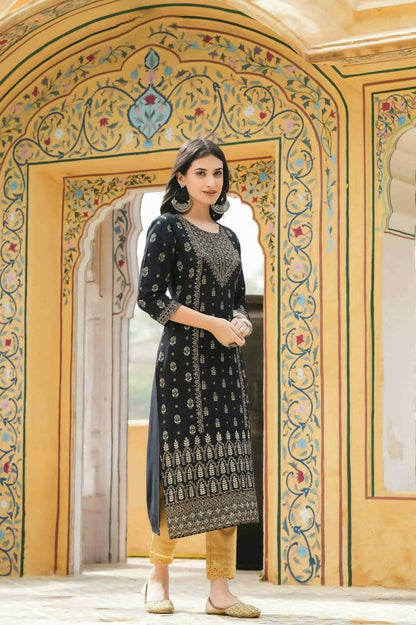 Juniper Black Rayon Festive Printed Straight Kurta For Women - Distacart