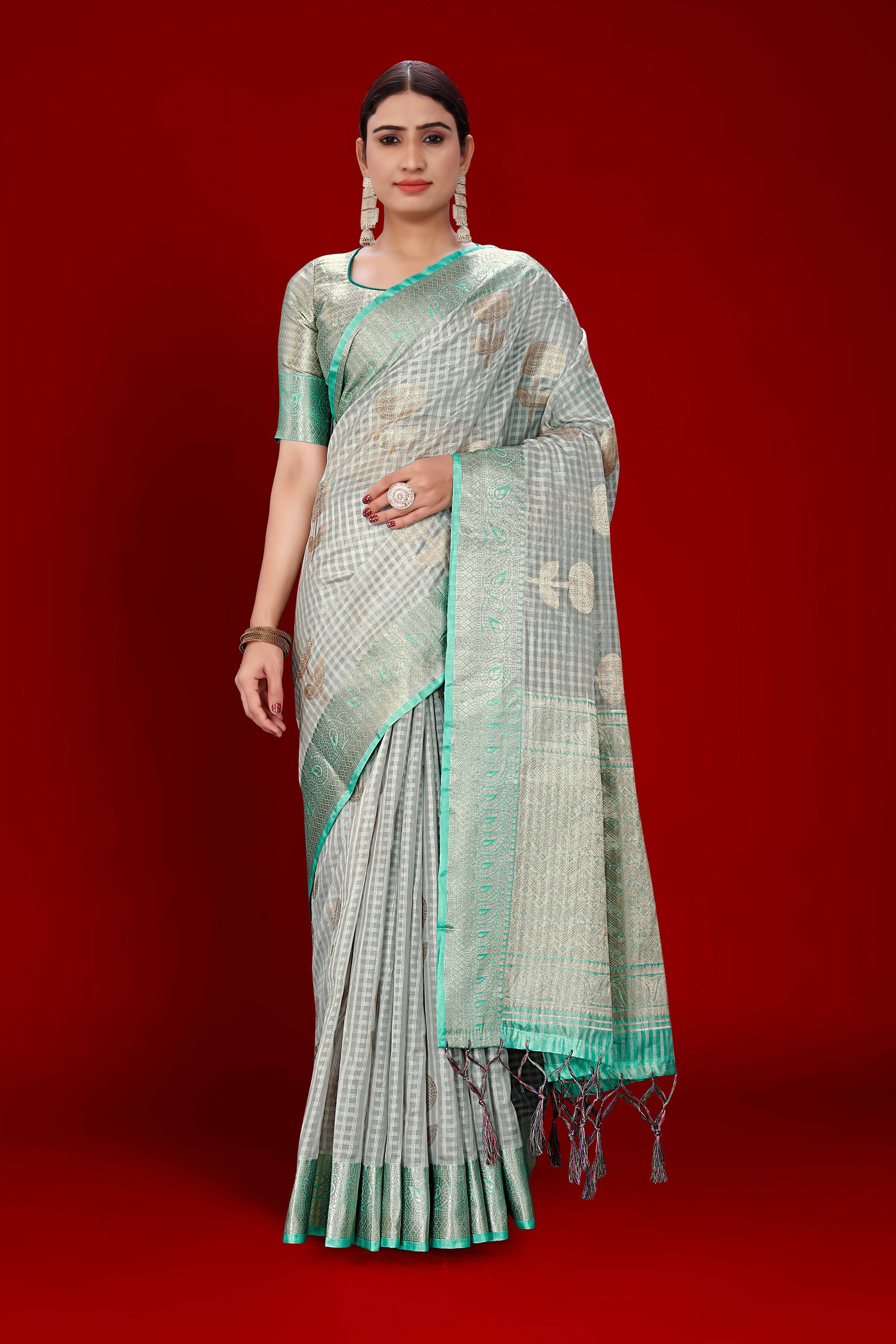 Grey Soft Organza Woven Design Saree With Unstitched Blouse Piece - Zaara - Distacart