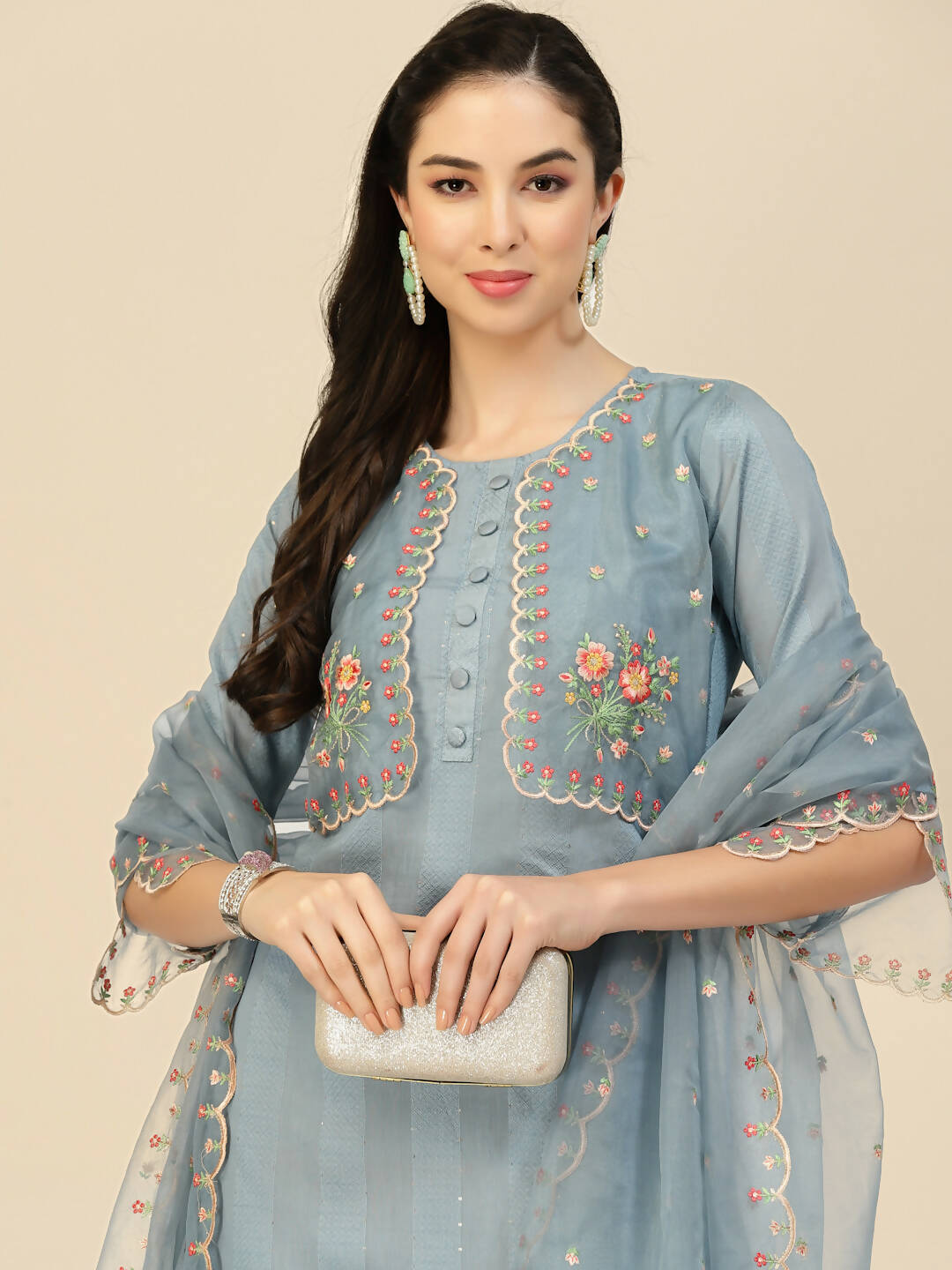 Sky Blue Embroidered Chinon Straight Kurta With Trouser & Dupatta - Salimar - Distacart