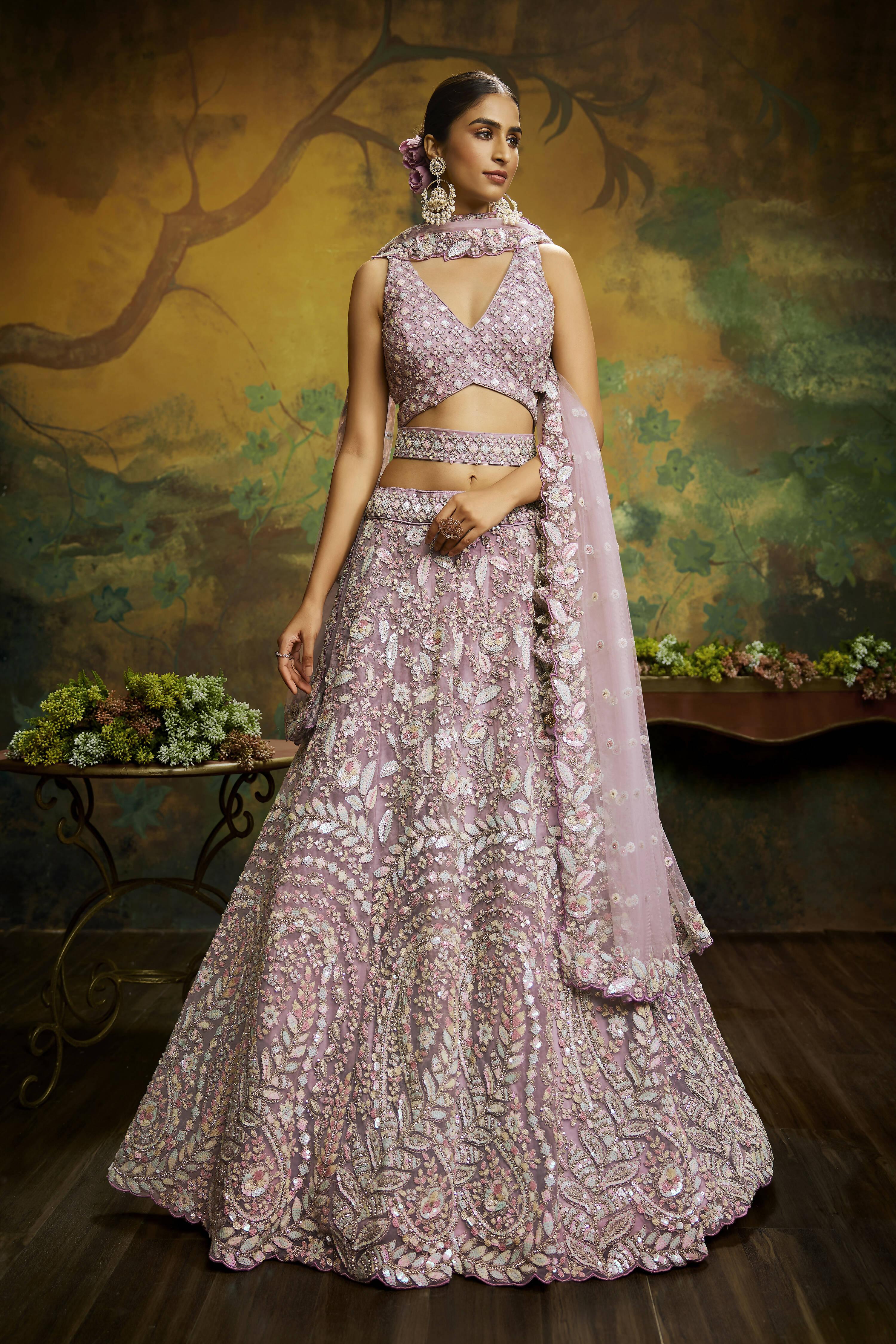 House of Panchhi Mauve Net Multi Sequins with heavy Zarkan embroidery Lehenga choli & Dupatta - Distacart
