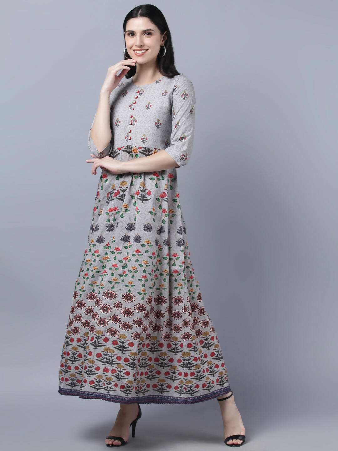 Myshka Women Grey Printed Ethnic Maxi Dress - Distacart