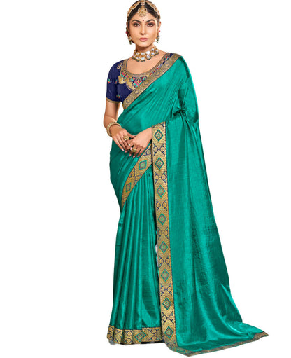 Sea Green Solid Vichitra Saree With Unstitched Blouse Piece - Selena - Distacart