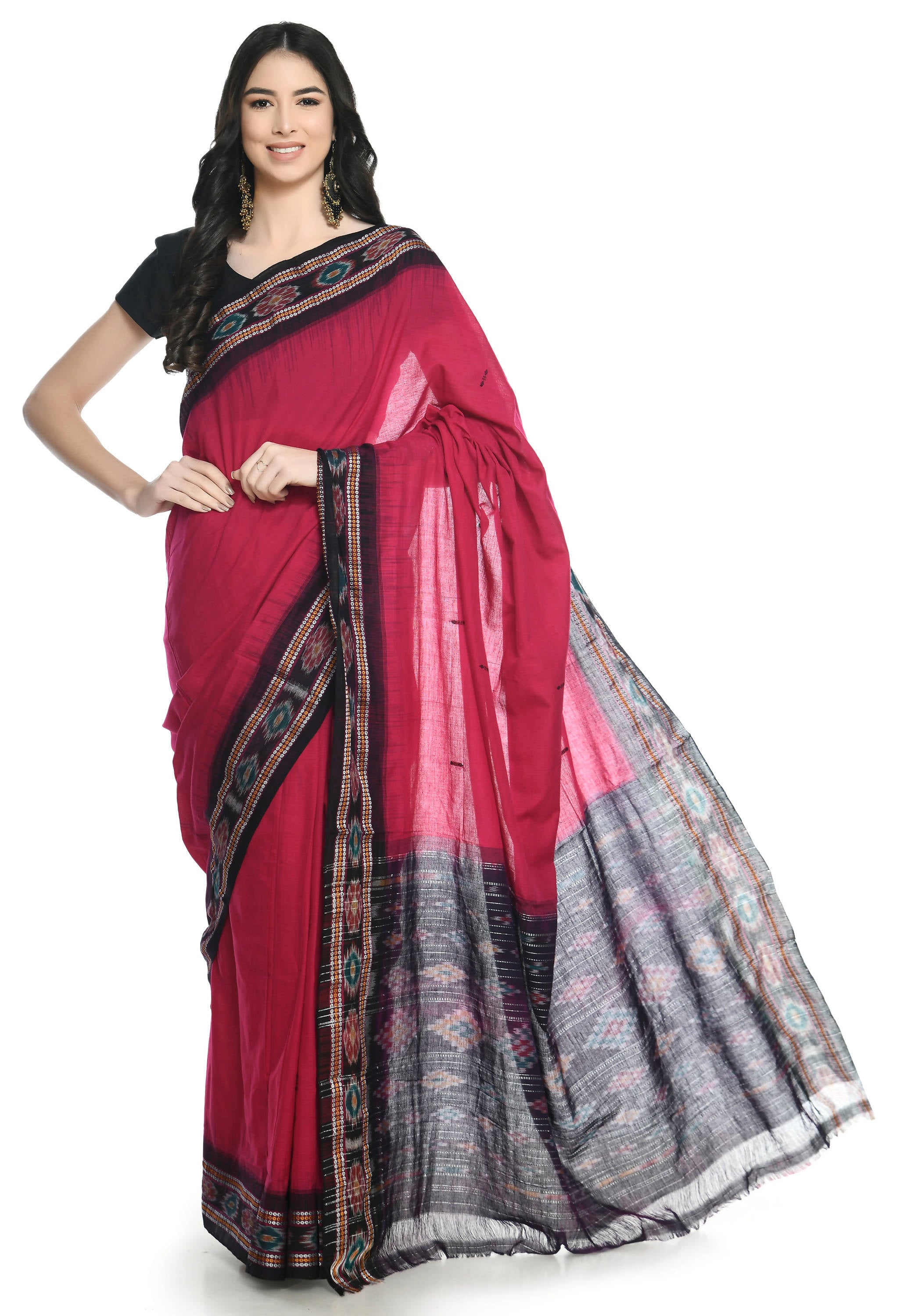 Vamika Sambalpuri Ikat Cotton Rekhabala Buti Magenta & Black Saree - Distacart
