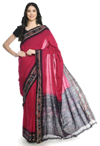 Thumbnail for Vamika Sambalpuri Ikat Cotton Rekhabala Buti Magenta & Black Saree - Distacart