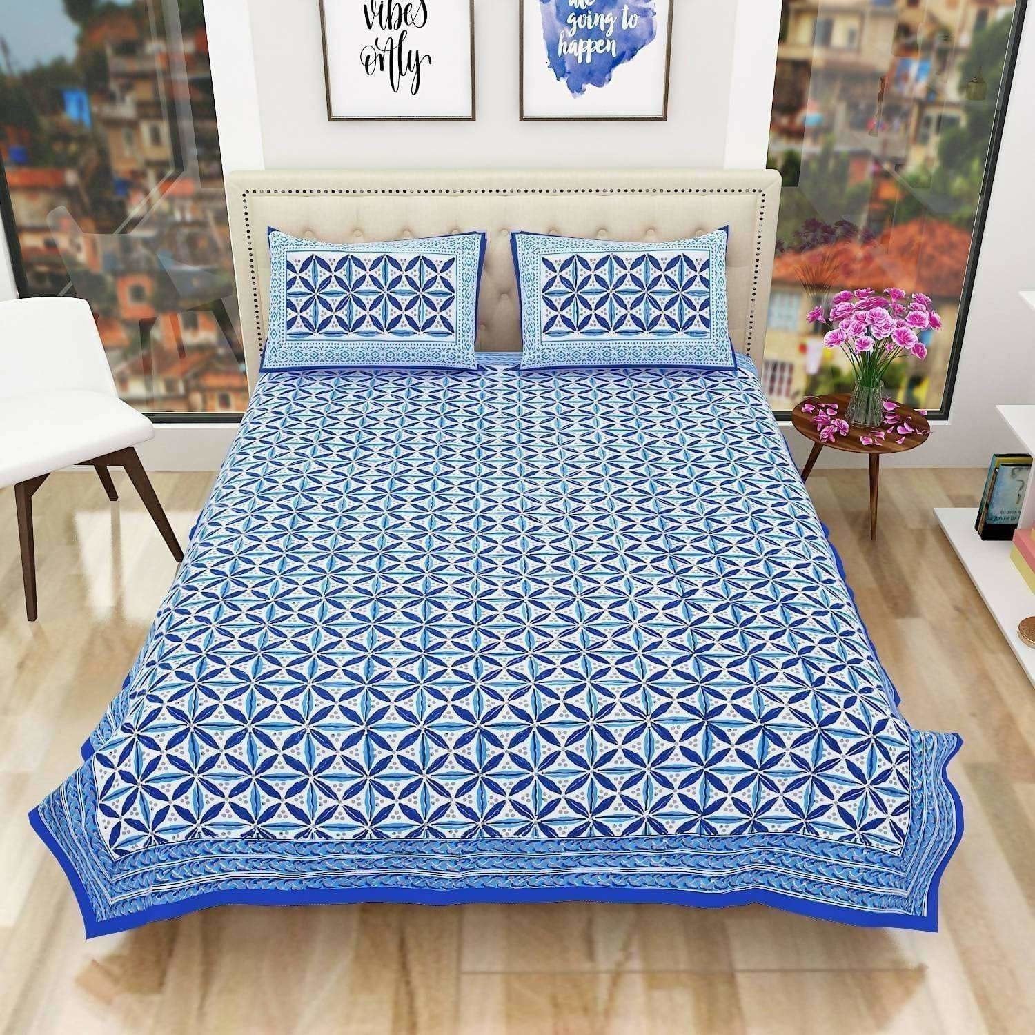 Premium Hand Printed Rajasthani Traditional Double/Queen Bedsheet with 2 Pillow Covers - Distacart