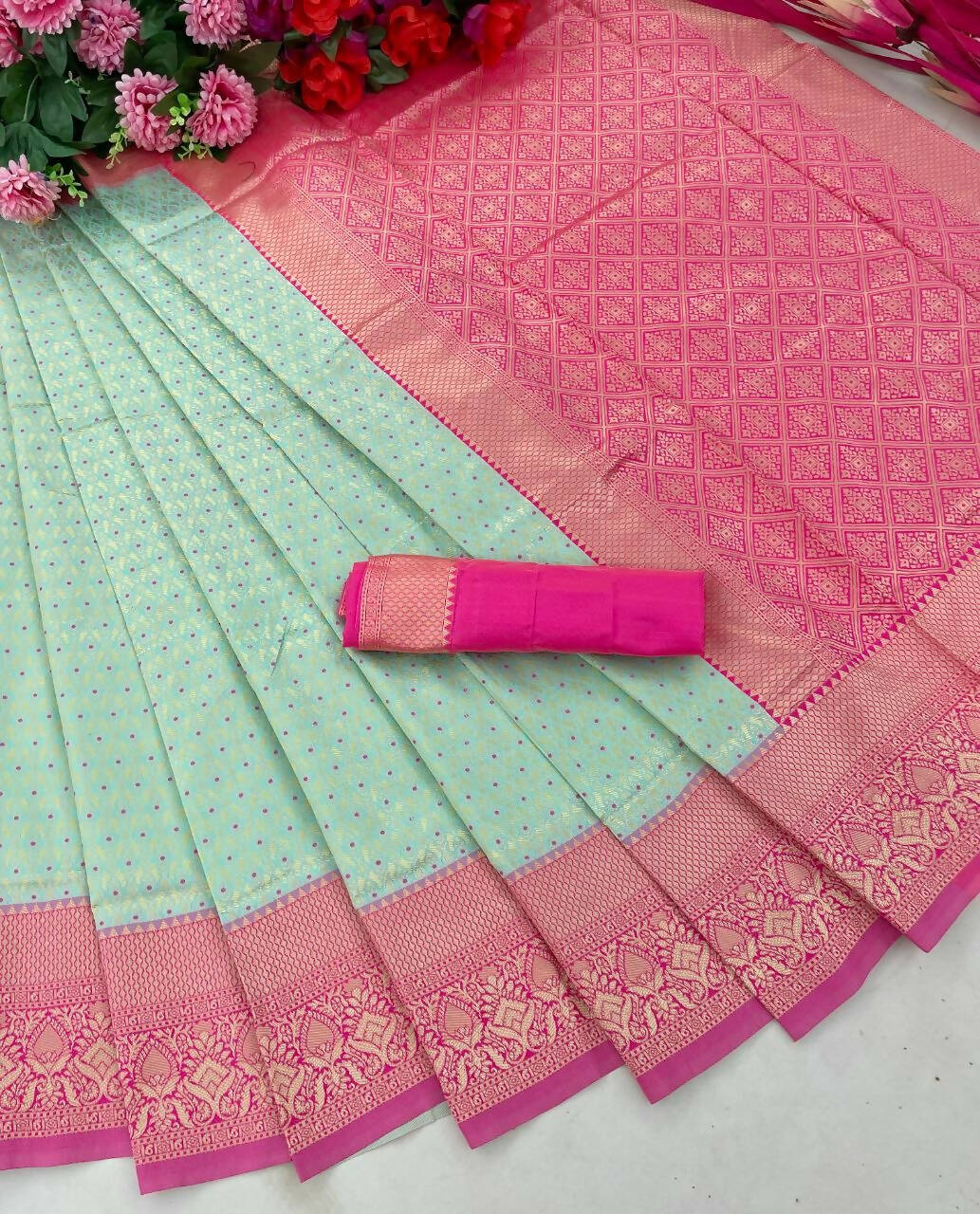 DEIANA'S Beautiful Golden Jari with New Design Soft Lichi Silk Saree - Sky - Distacart