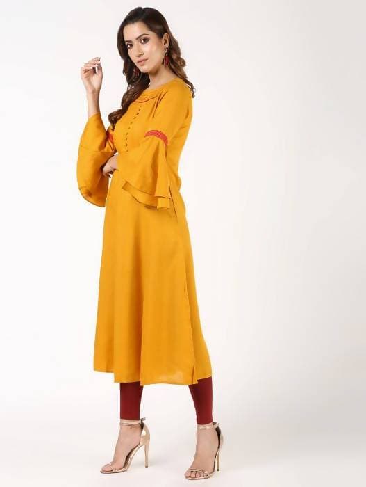 Aniyah Latest Rayon Bell Sleeves Solid Anarkali Kurta In Mustard (AN-152K)