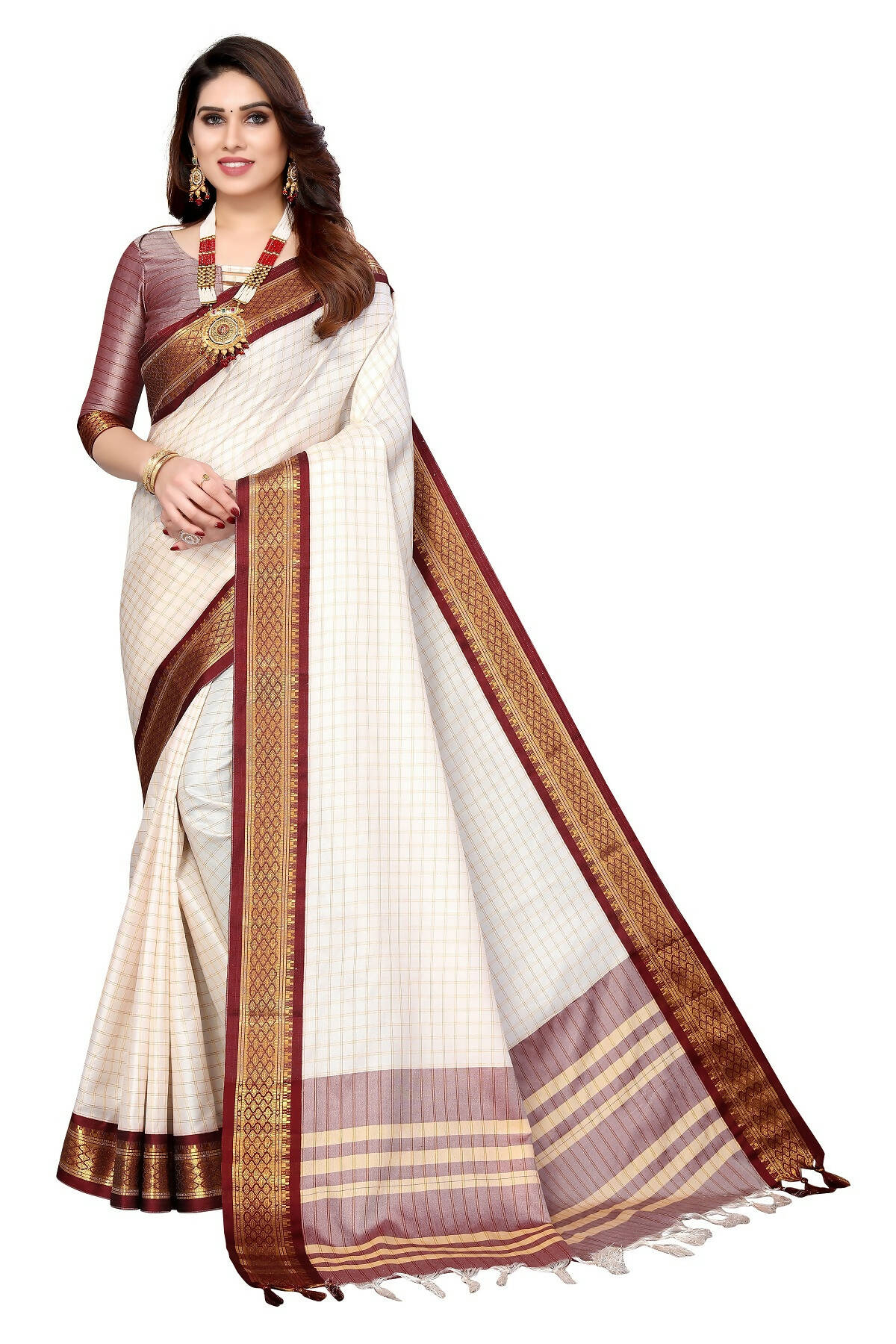 Vamika Weaving White Cotton Silk Saree (DEVAL MAROON) - Distacart