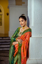 Thumbnail for Vishnu Weaves Women's Orange Patola Banarasi Silk Meenakari Zari Woven Saree with Blouse - Distacart