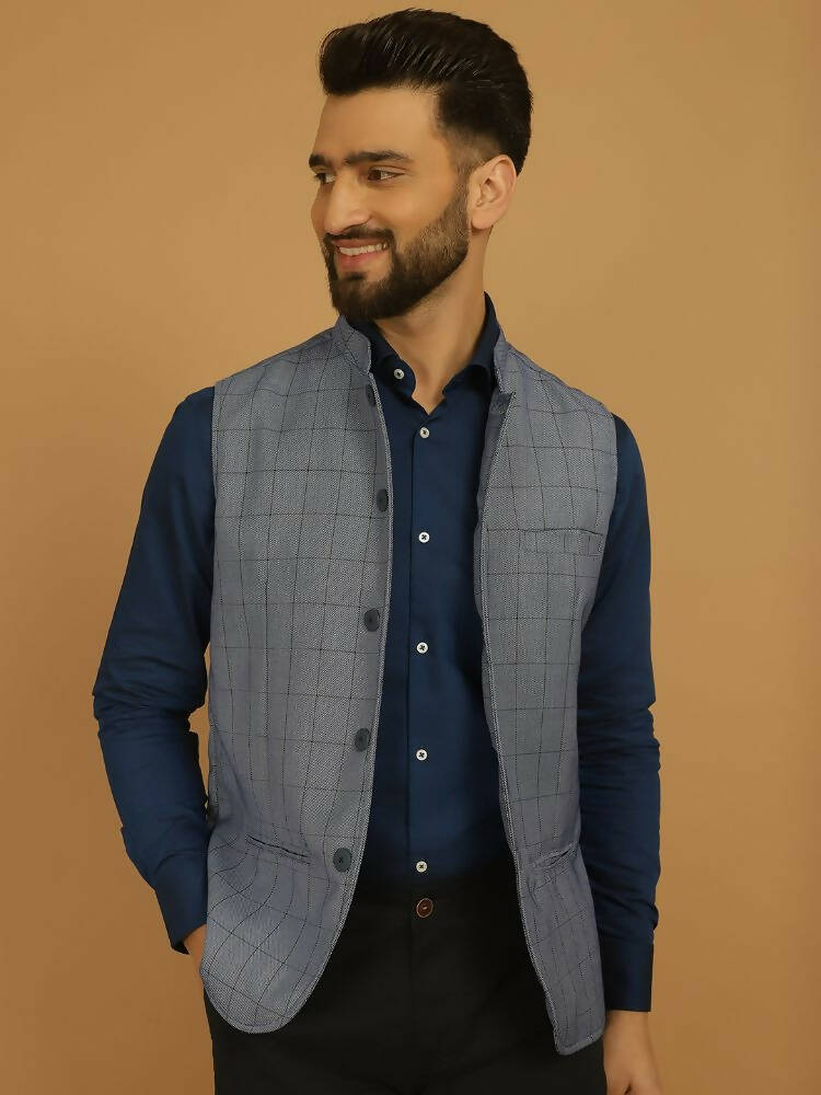 Even Apparels Nehru Jacket With Welt Pockets - Blue - Distacart