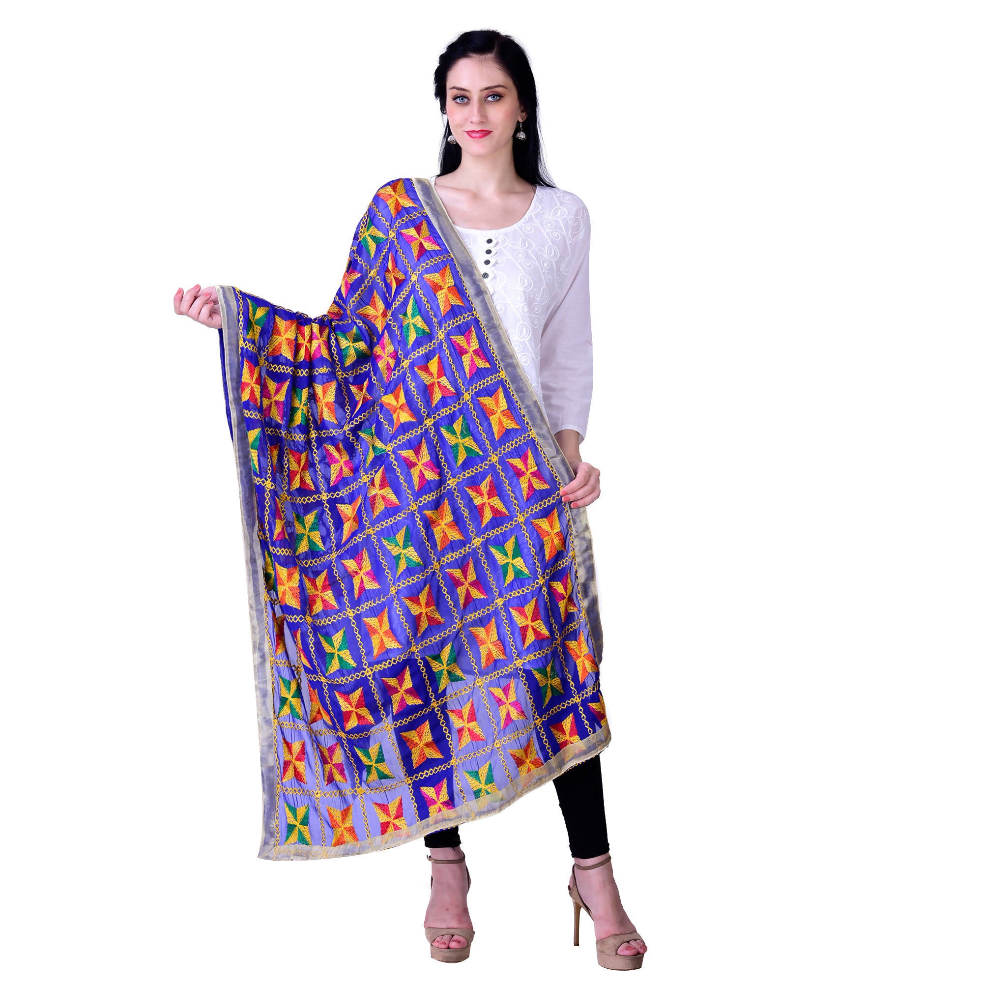 SWI Stylish Women's Embroidered Phulkari Chiffon Royal Blue Dupatta