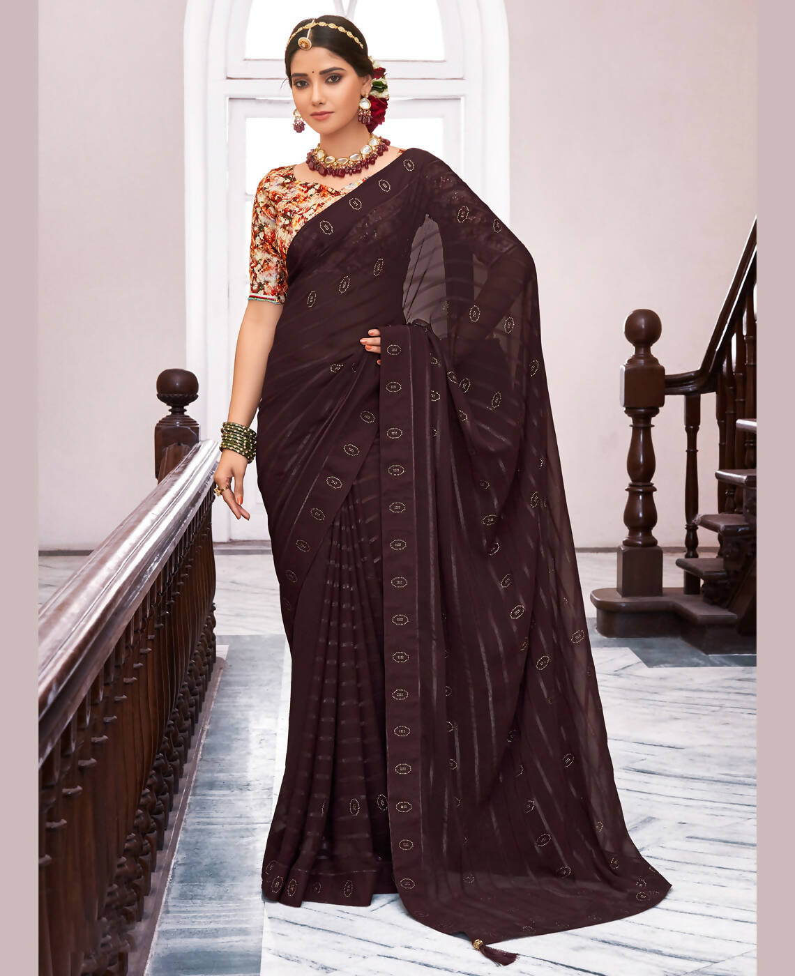Brown Georgette Swaroski Work Saree With Unstitched Blouse Piece - Juhi - Distacart