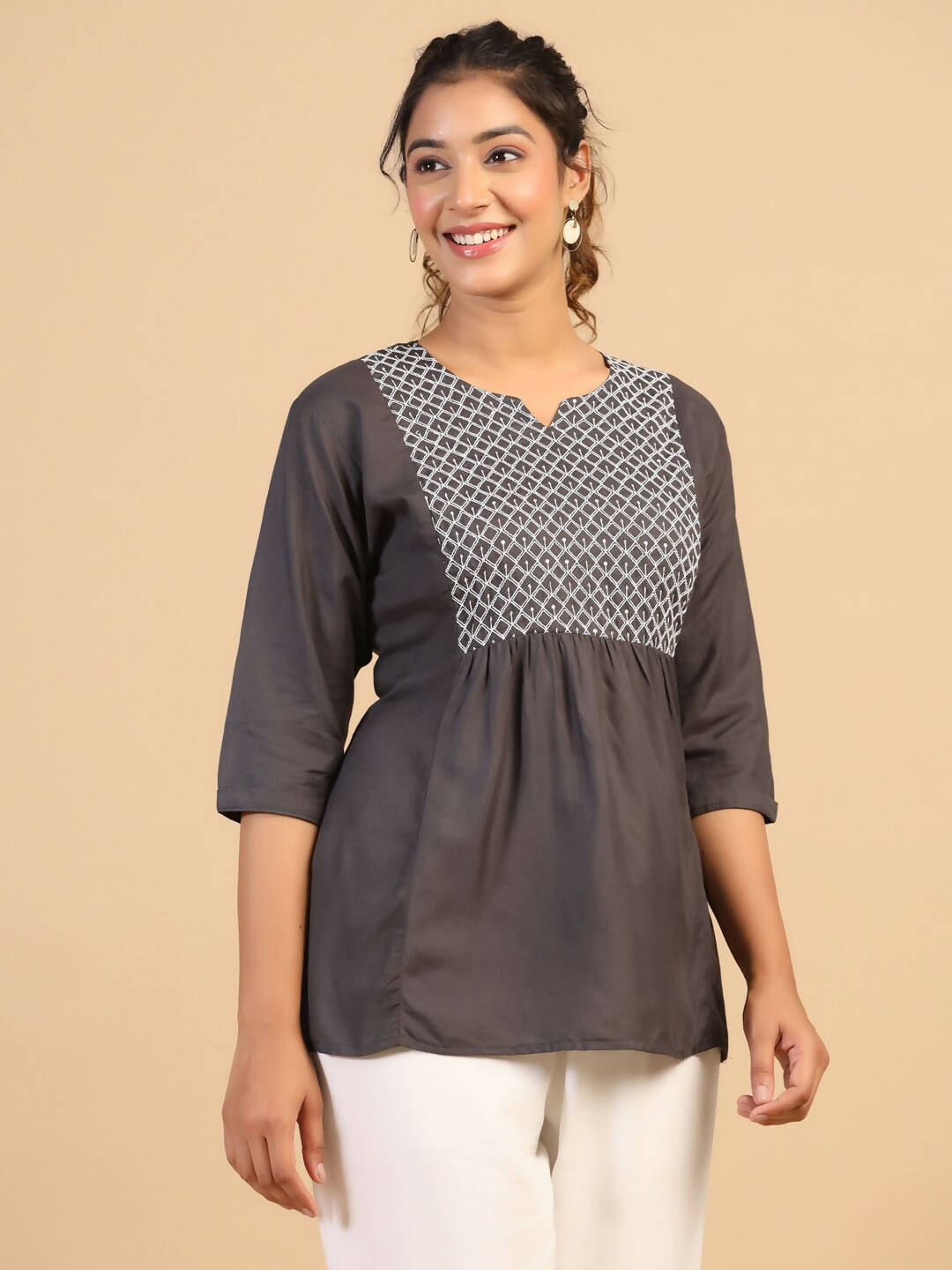 Womens Grey Rayon Yoke Embroidered Top - Keeva - Distacart