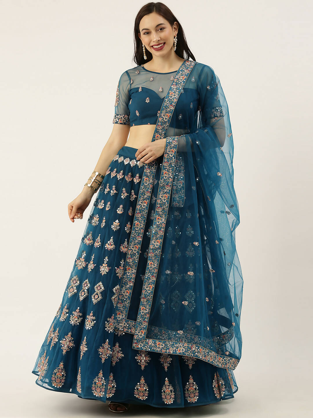House of Panchhi Teal Net Semi stitched Mirror and Coding Work Lehenga Choli - Distacart