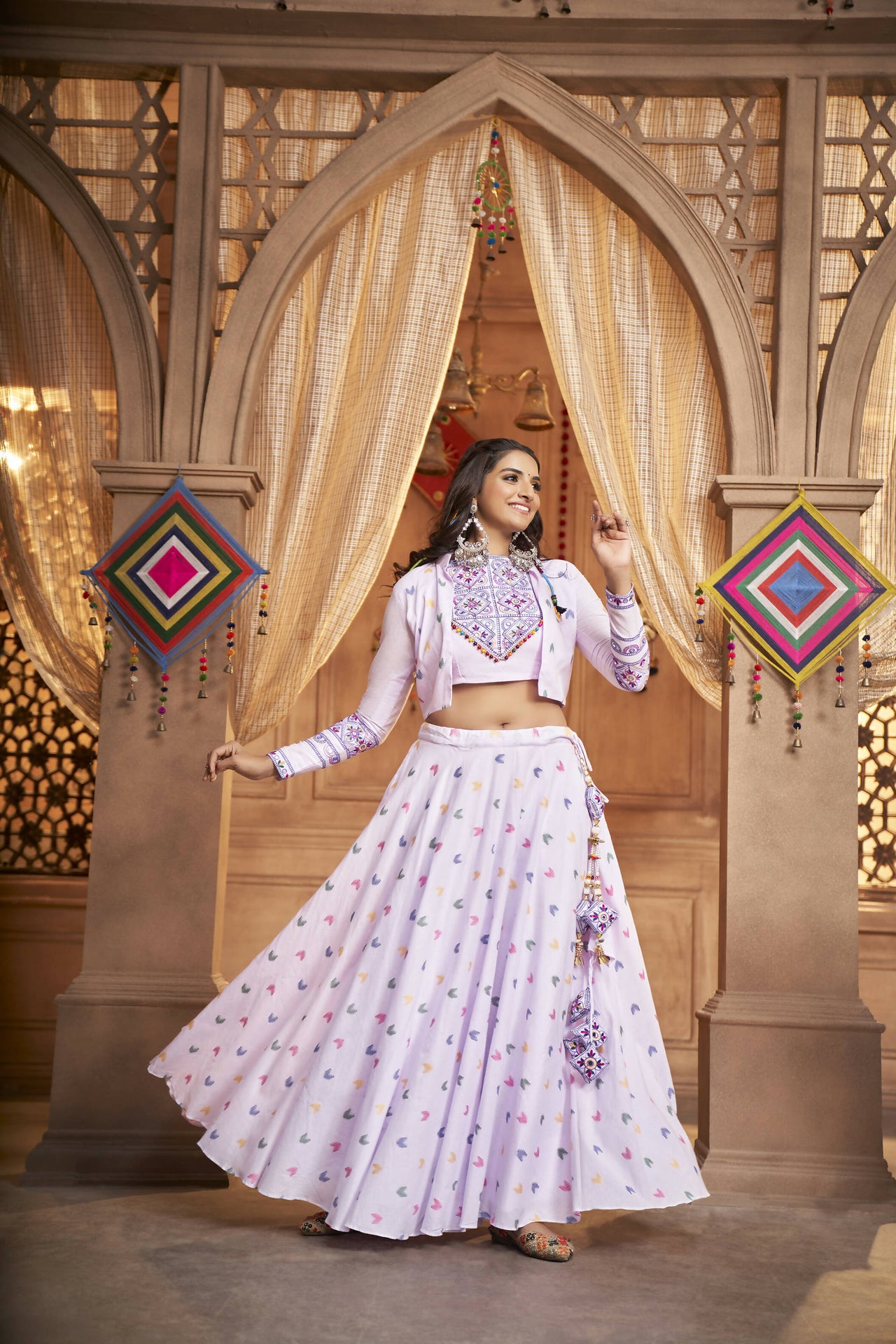 Lavender Cotton Jacquard Weaving Fabric Navratri Lehenga Choli With Dupatta - Raas - Distacart
