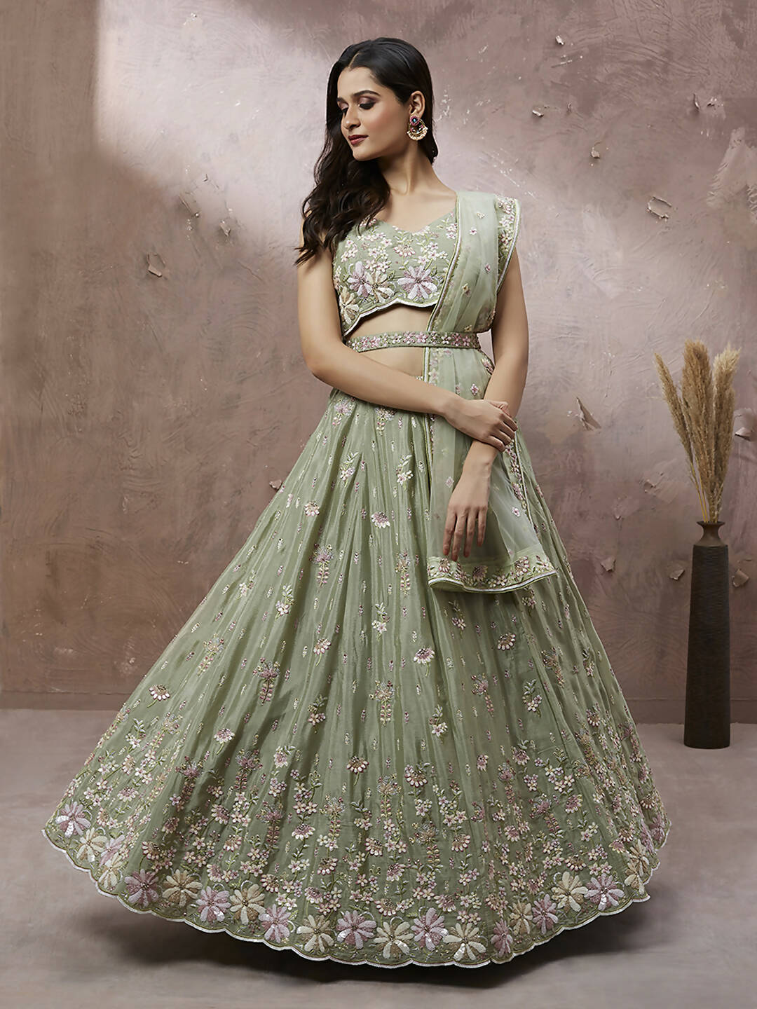 House of Panchhi Lime Green Pure Georgette Sequins with heavy Zarkan embroidery Lehenga choli & Dupatta - Distacart