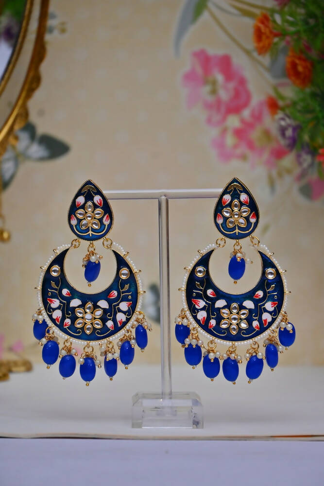 Gold Plated Brass & Pearl Dangle Women Royal Blue Hand Painted Meenakari Chandbali Earrings By House of Ree - Distacart