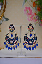 Thumbnail for Gold Plated Brass & Pearl Dangle Women Royal Blue Hand Painted Meenakari Chandbali Earrings By House of Ree - Distacart