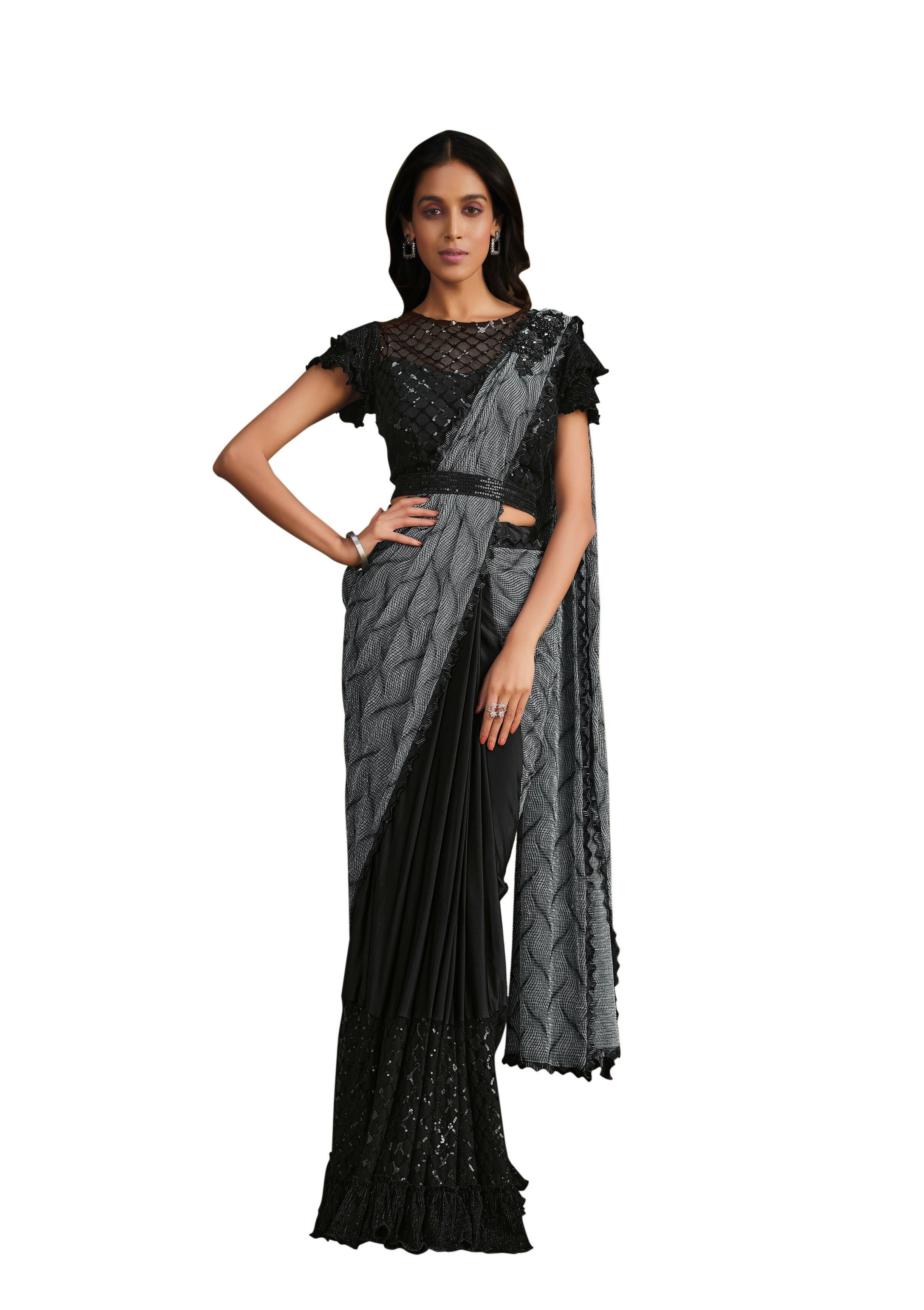 Grey & Black Crystal Crepe Sequence Embroidered Withtexture Saree With Stitched Blouse - Mohmanthan La Belle - Distacart