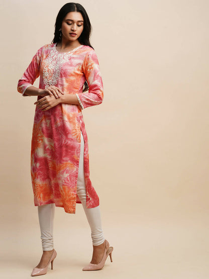 Pink Poly Rayon Tie dye Printed Straight Kurta - Samira - Distacart
