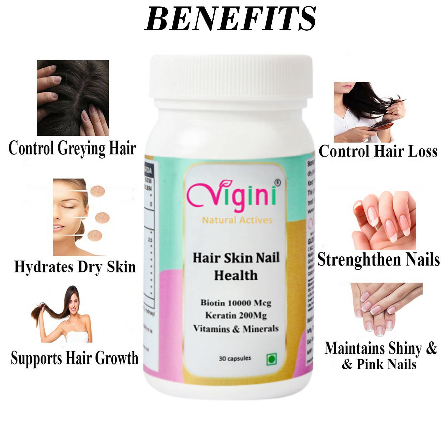 Vigini Natural Active Hair Skin Nail Health Capsules for Men Women - Distacart