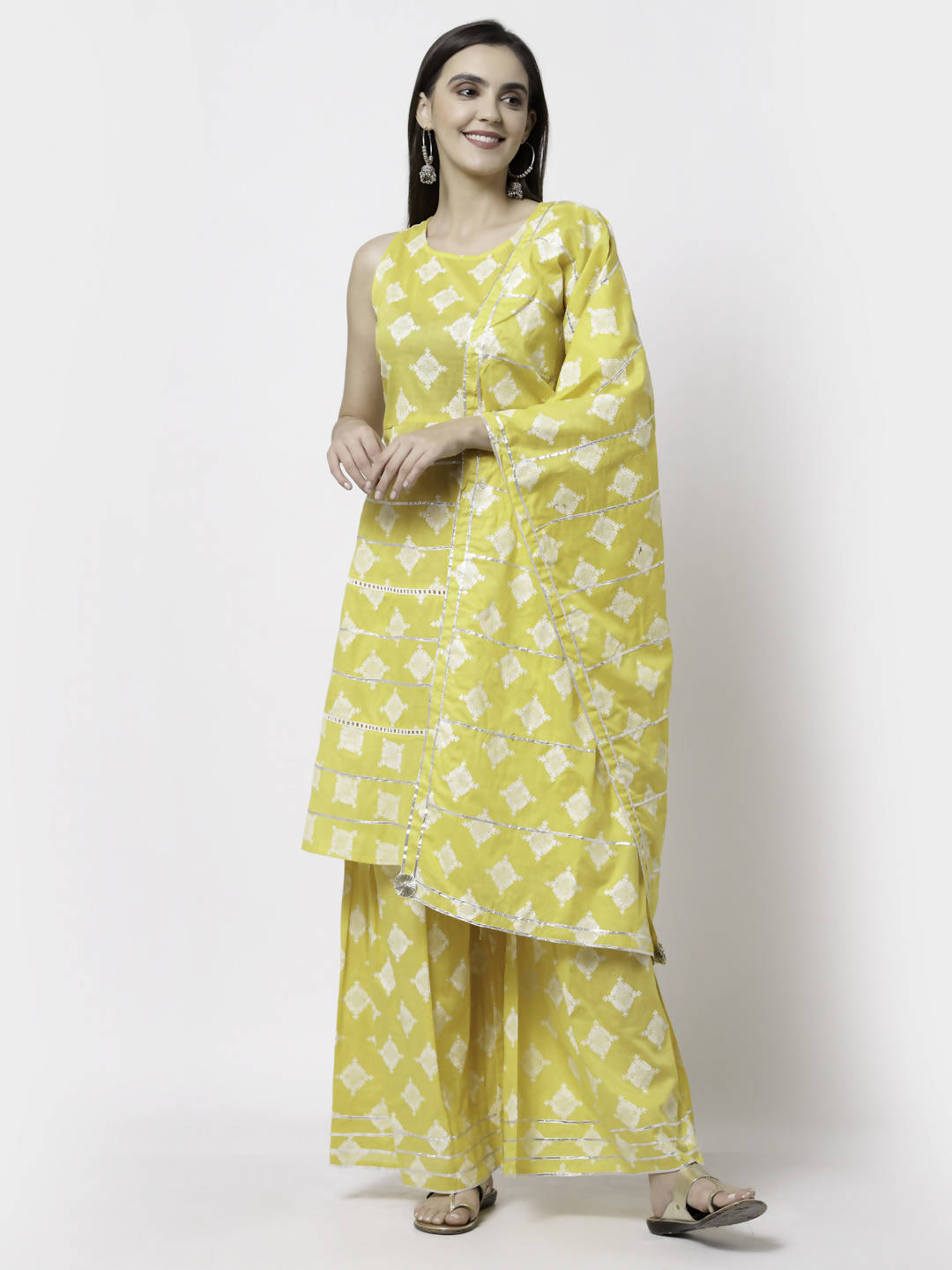 Myshka Yellow Pure Cotton Printed Sleeveless Round Neck Kurta Palazzo Dupatta Set
