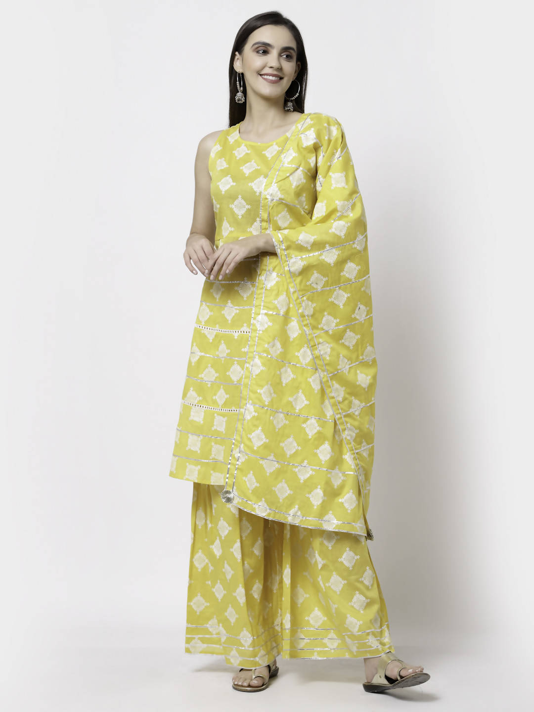 Myshka Yellow Pure Cotton Printed Sleeveless Round Neck Kurta Palazzo Dupatta Set