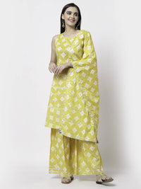 Thumbnail for Myshka Yellow Pure Cotton Printed Sleeveless Round Neck Kurta Palazzo Dupatta Set
