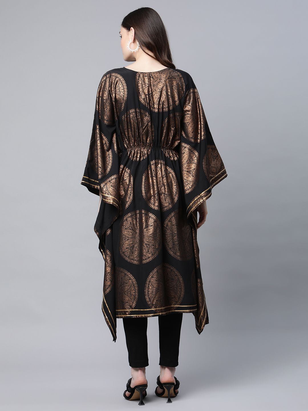 Ahalyaa Women Black Crepe Copper Foil Printed Flared Sleeve Kaftan Kurta - Distacart