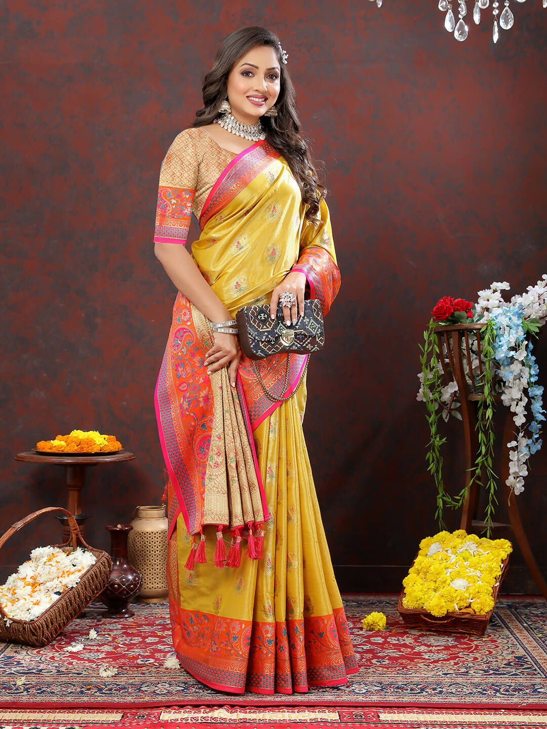 Lorenvalley Fashion Yellow Kanjivaram Silk Woven Design with Zari Weaving Saree - Distacart