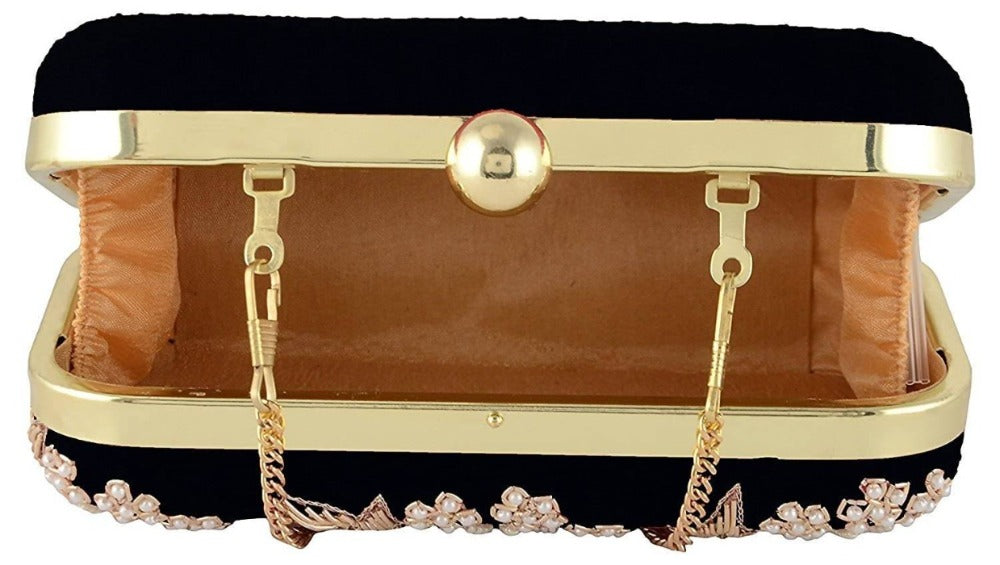 Jaishri Handicrafts Pearl Floral Clutch Carbon Black