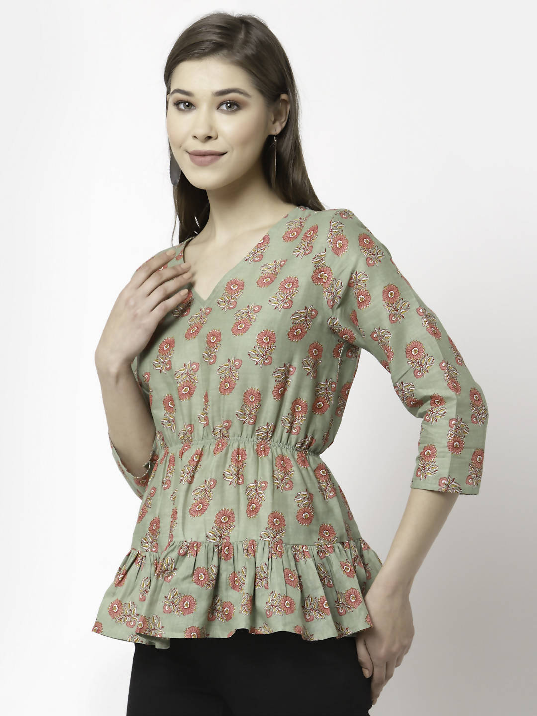 Myshka Printed 3/4 Sleeve V-Neck Casual Pure Cotton Green Top For Women