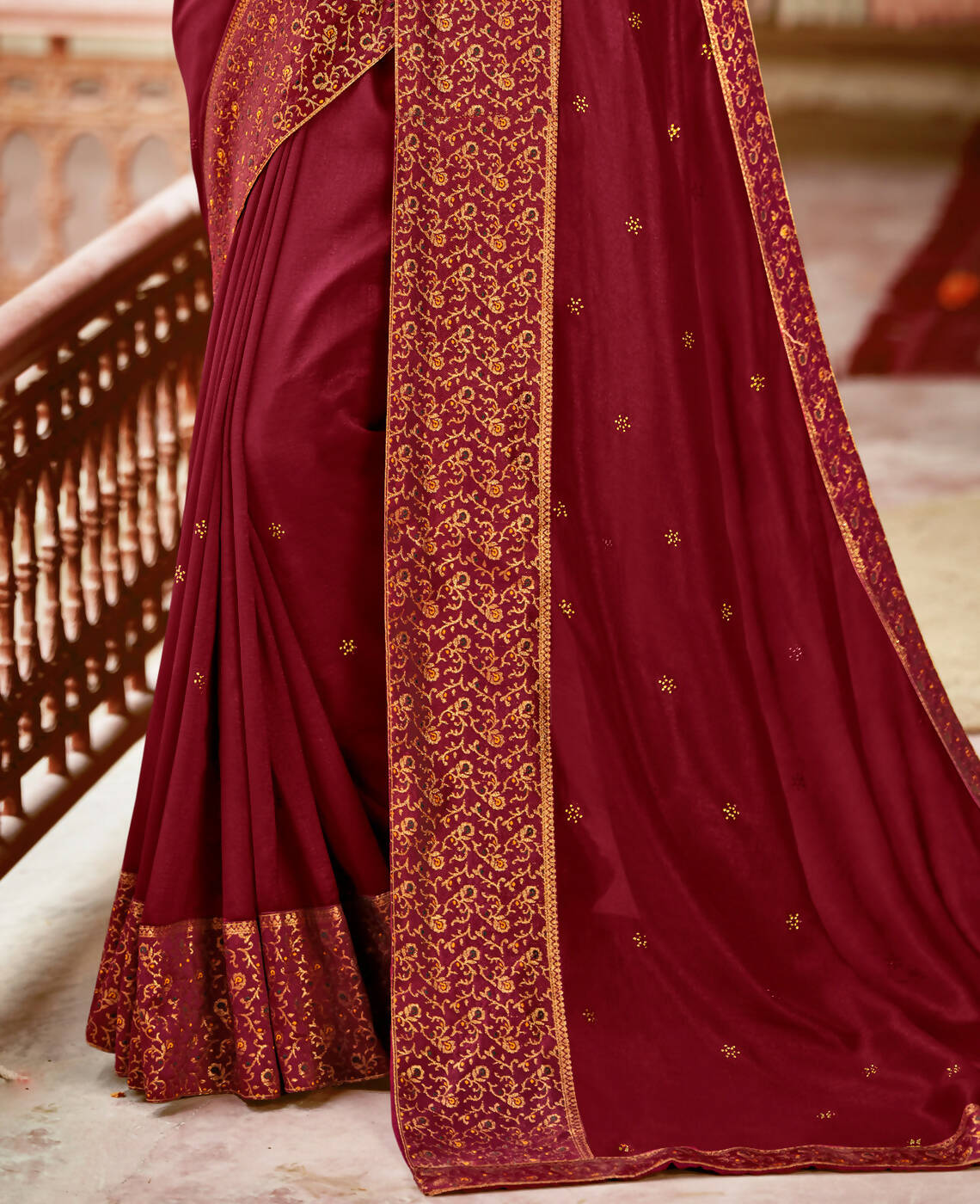 Maroon Vichitra Stone Work Saree With Unstitched Blouse Piece - Rosy - Distacart