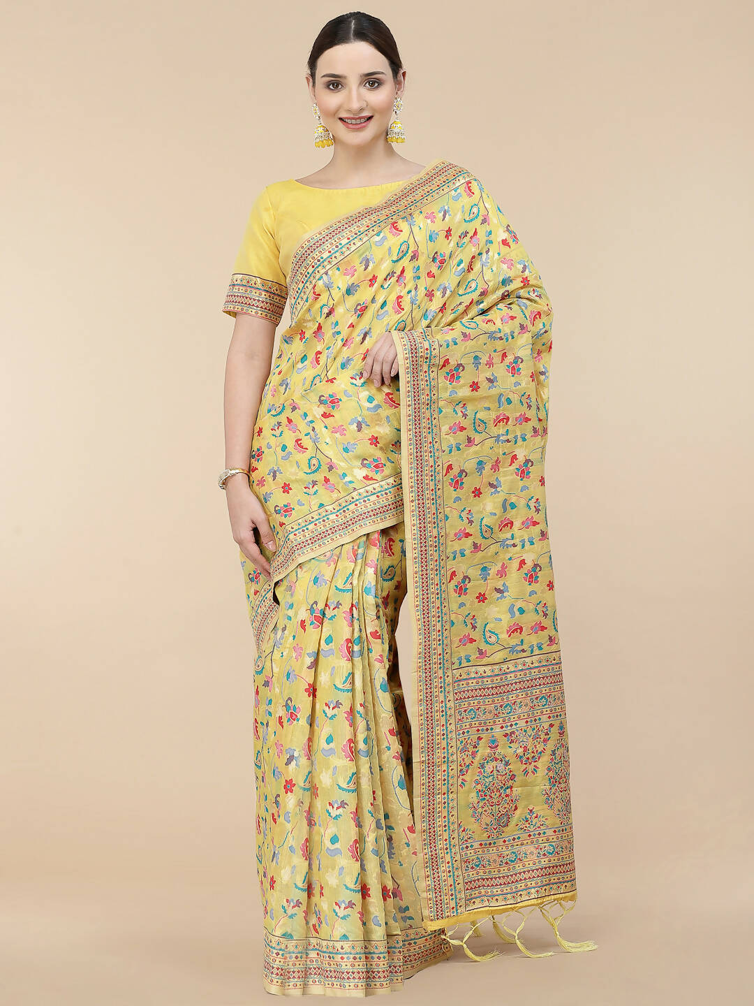 Yellow Silk Blend Woven Design Saree With Unstitched Blouse Piece - Aloki - Distacart
