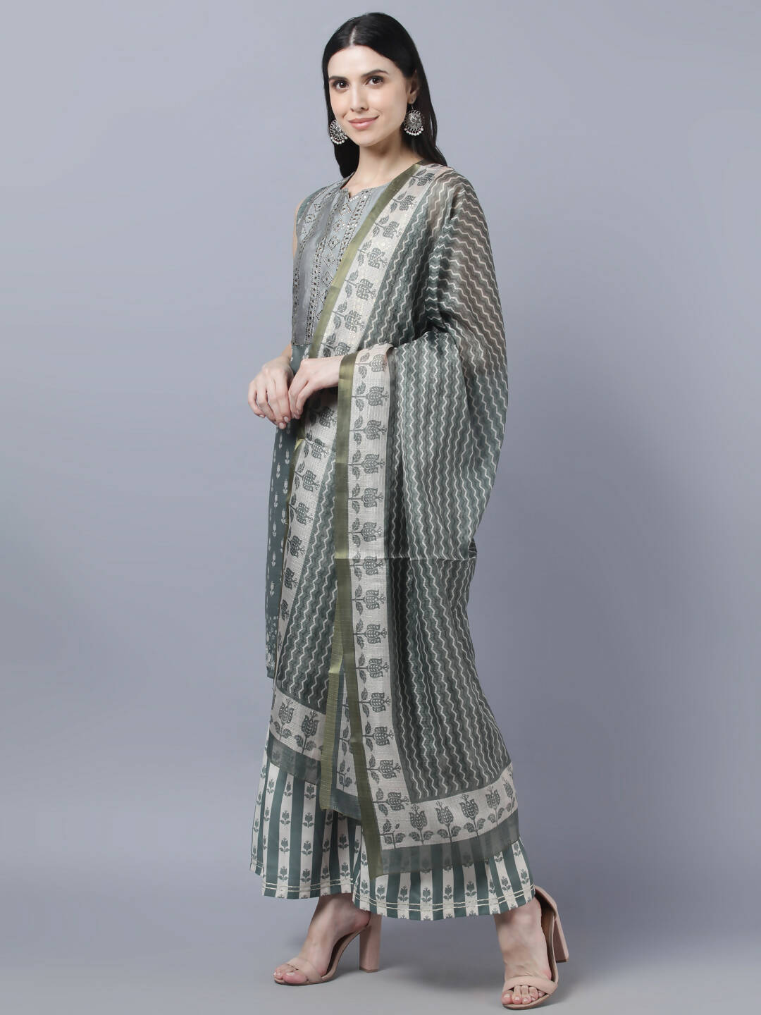 Myshka Women Grey Ethnic Motifs Printed Kurta with Shararas With Dupatta Set - Distacart