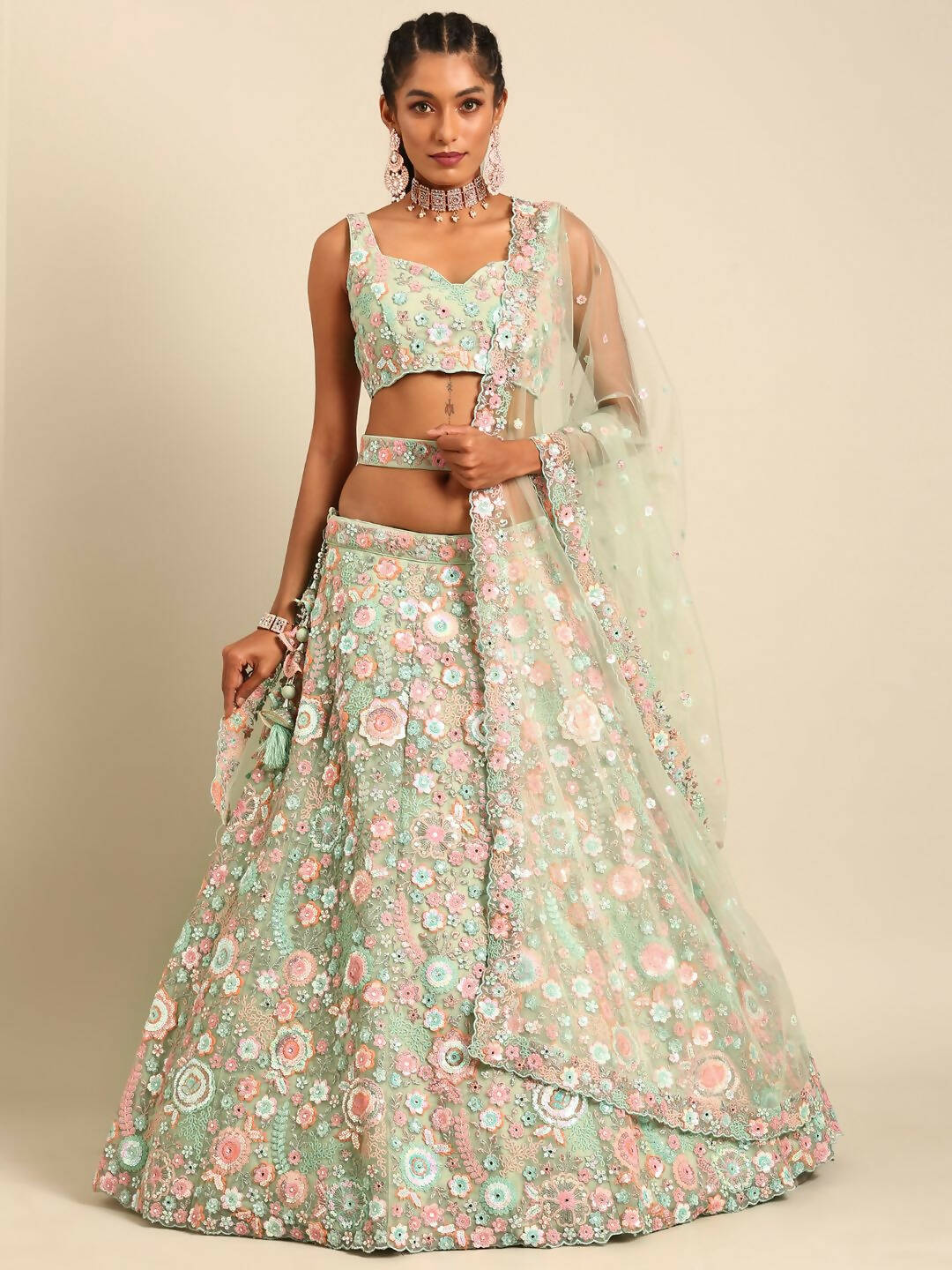 House of Panchhi Lime Green Net Sequins, Mirror and thread embroidery Lehenga choli & Dupatta - Distacart