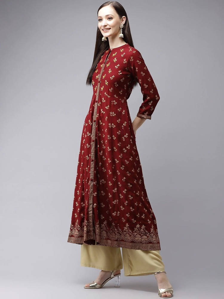 Yufta Women Maroon & Gold Floral Printed Kurta