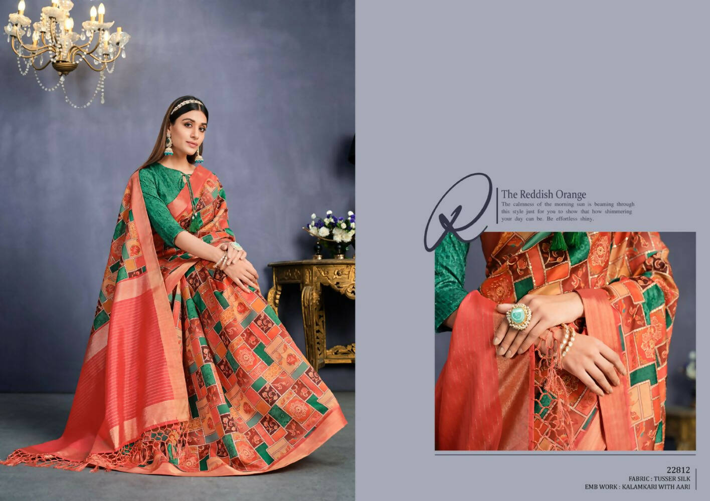 Orange Tusser Silk Floral, Geometric Printed With Embroidered Work Saree With Unstitched Blouse - Mohmanthan Aahana - Distacart
