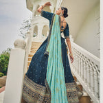 Thumbnail for Navy Blue Heavy Viscose Khatli, Embroidery & Mirror Work Unstitched Lehenga Choli - Sisha Keshav - Distacart
