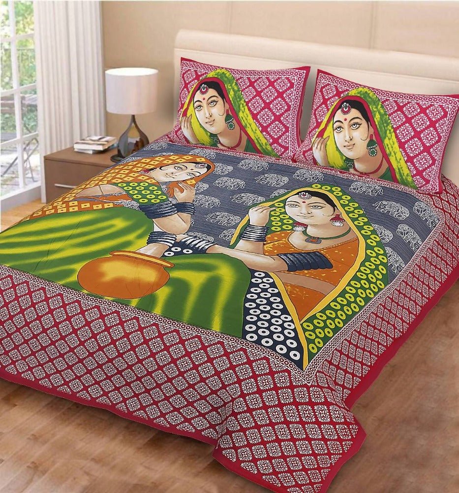 Vamika Printed Cotton Matki Red Bedsheet With Pillow Covers