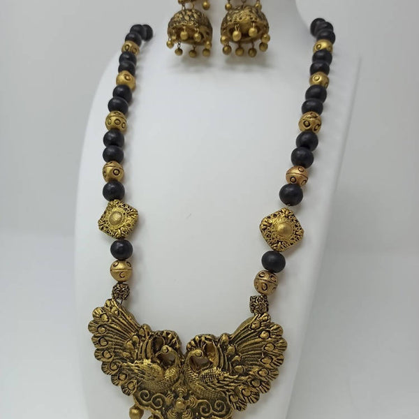 Terracotta Long Necklace Set With Peacock Pendant With Temple Jhumkas-Black And Gold