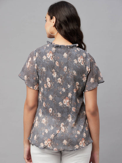 Myshka Grey Printed Half Sleeve Round Neck Top - Distacart