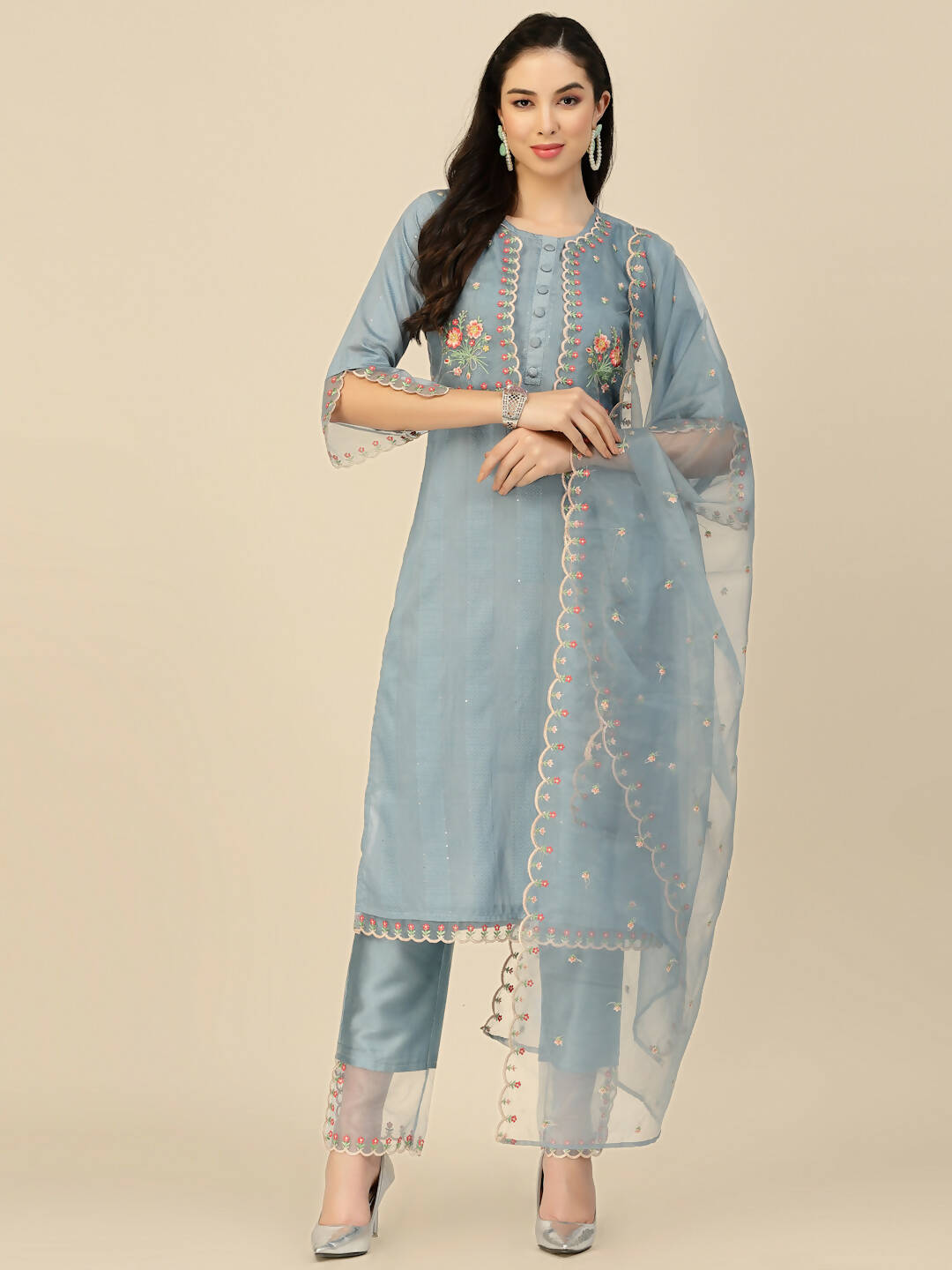 Sky Blue Embroidered Chinon Straight Kurta With Trouser & Dupatta - Salimar - Distacart